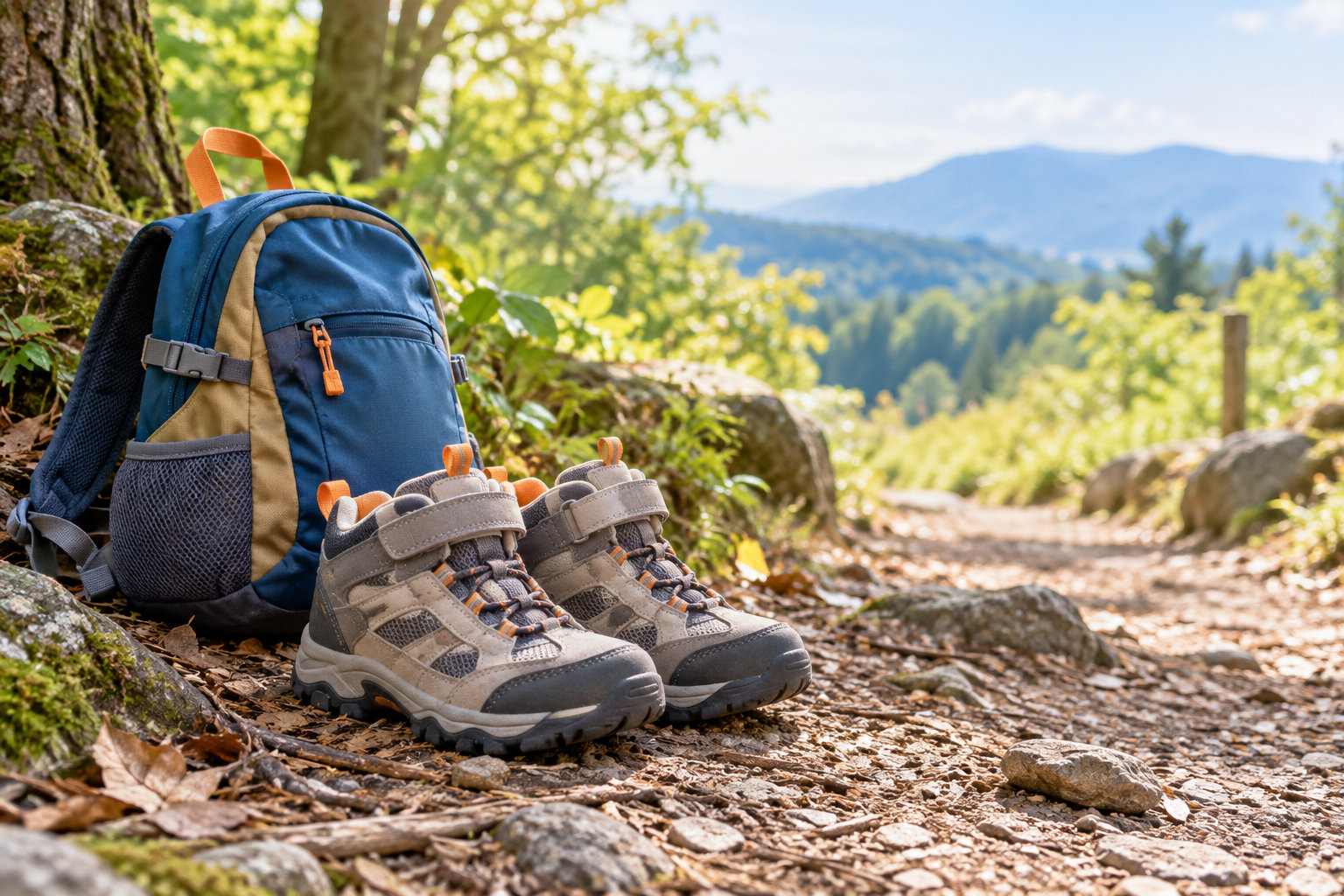 森林の登山道に置かれた子ども用の登山靴と小型リュック