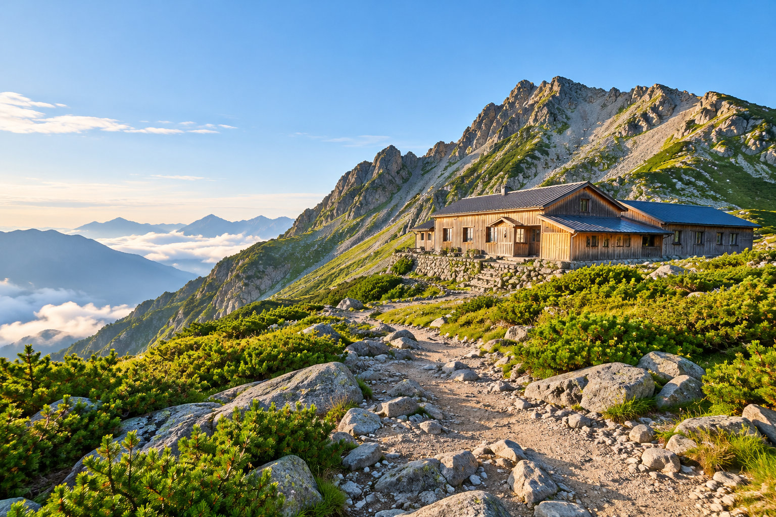 高山の山小屋と登山道を描いた白馬山荘の予約案内用イメージ