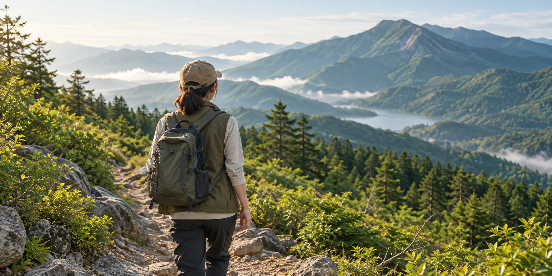 登山用ベストを着たハイカーが山道を歩く風景