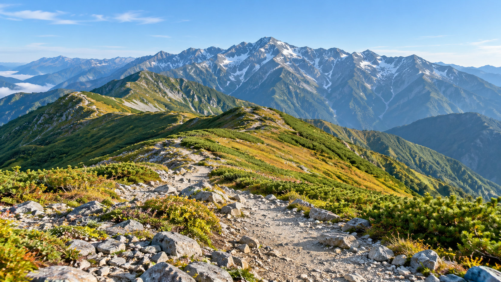 高山植物と岩の登山道から北アルプスの山並みを望む風景