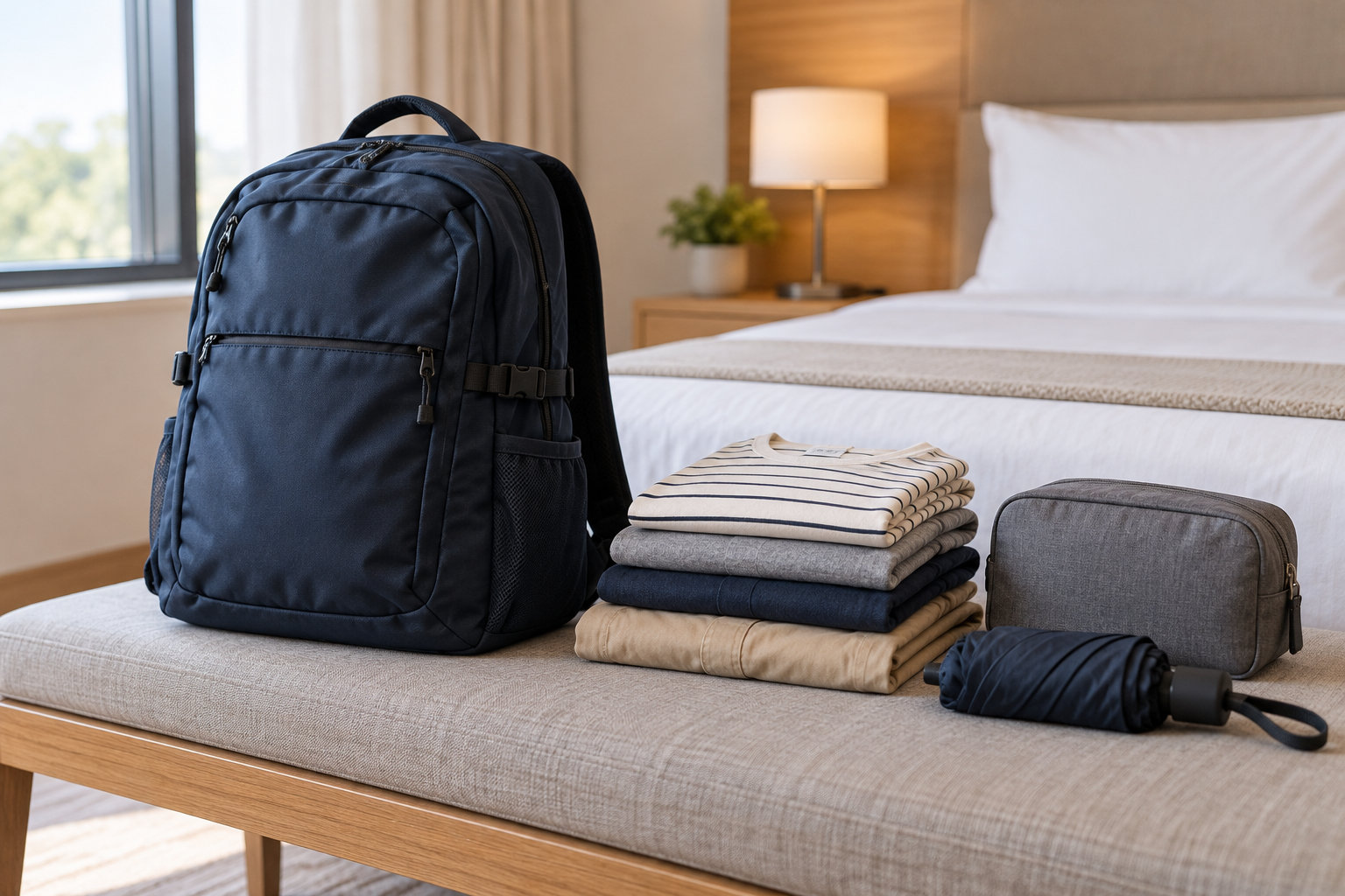 一泊二日の旅行向けにリュックと着替えを整理したパッキングイメージ