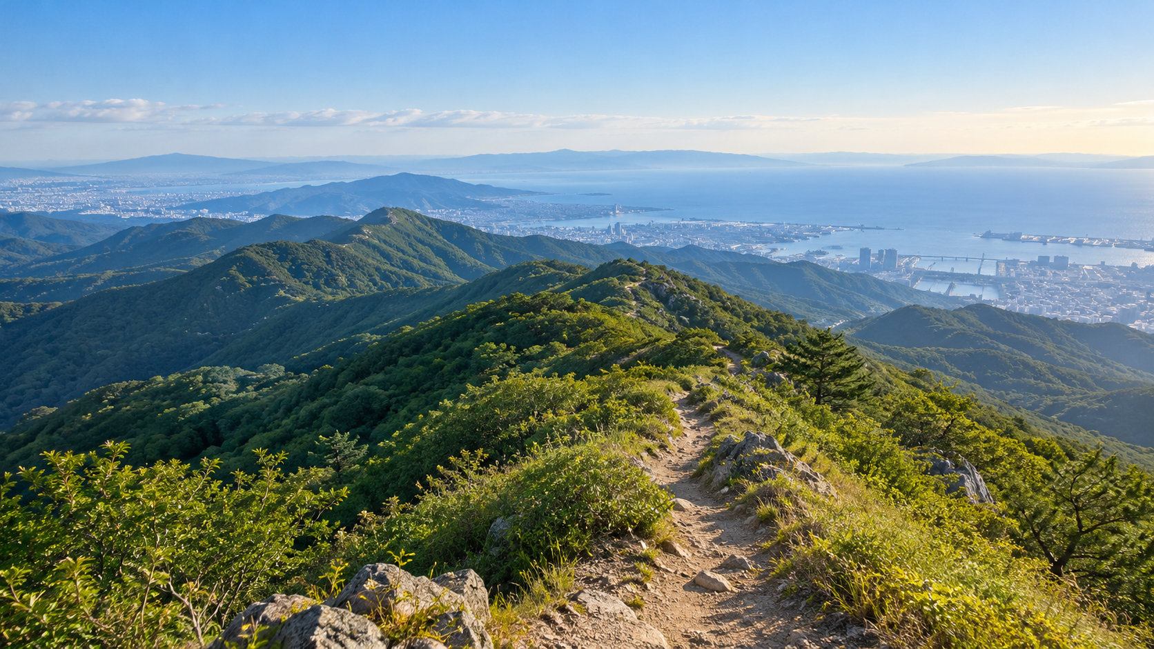 海と街を望む緑の稜線に続く登山道のイメージ