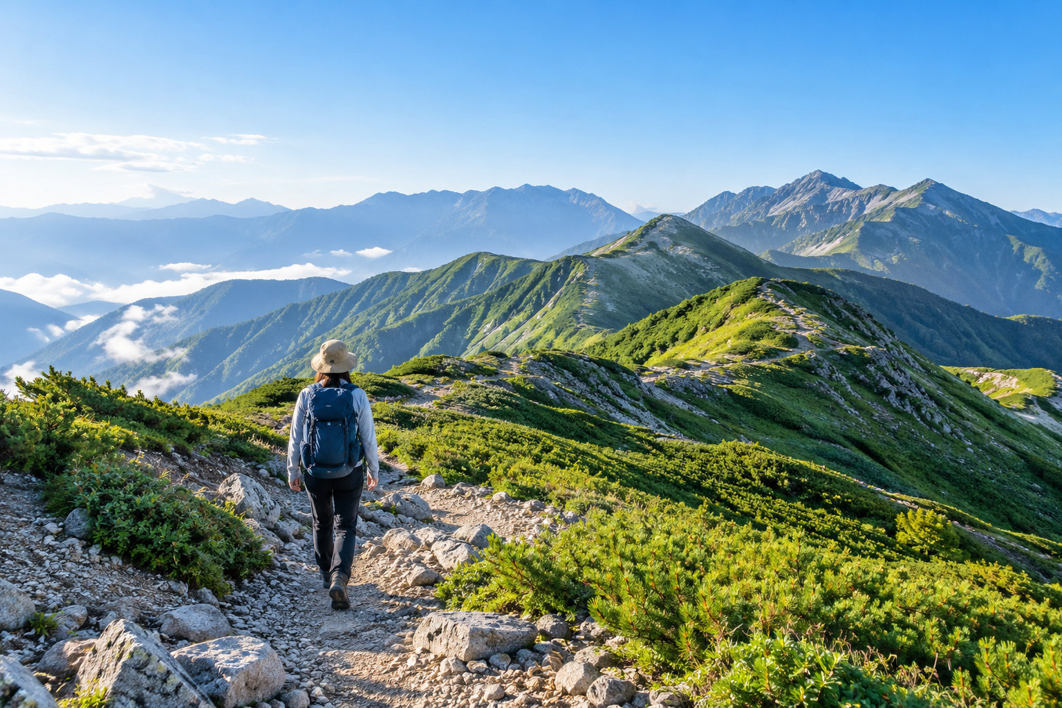 高山の登山道を歩くハイカーと遠くの稜線を描いた日帰り登山のイメージ