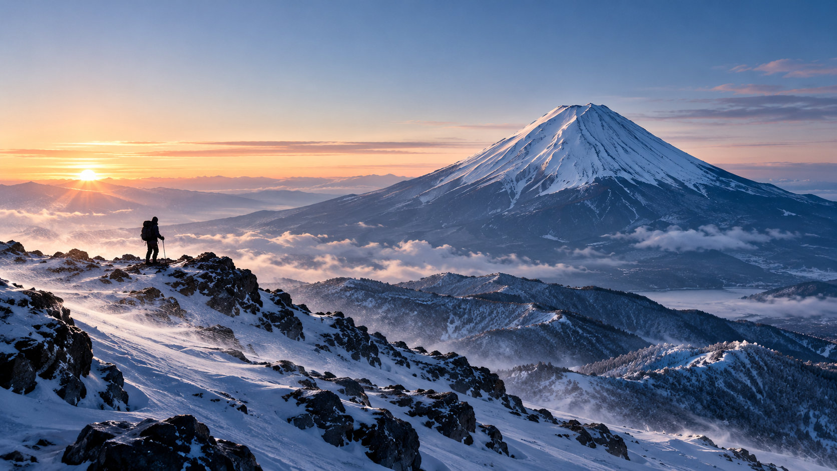雪をまとった富士山を遠望する冬の山岳風景